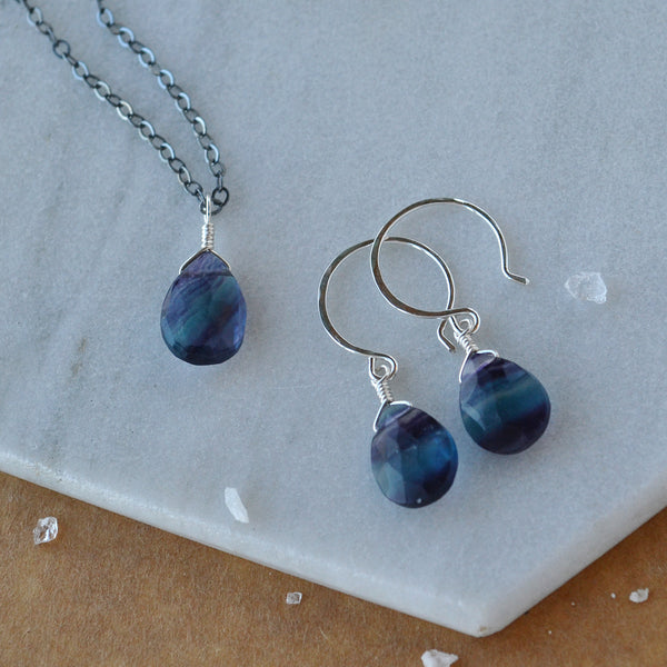 Aurora Necklace - banded teal purple fluorite gemstone solitaire necklace