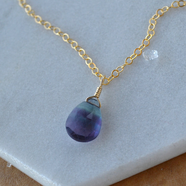 Aurora Necklace - banded teal purple fluorite gemstone solitaire necklace