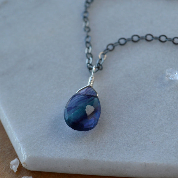 Aurora Necklace - banded teal purple fluorite gemstone solitaire necklace