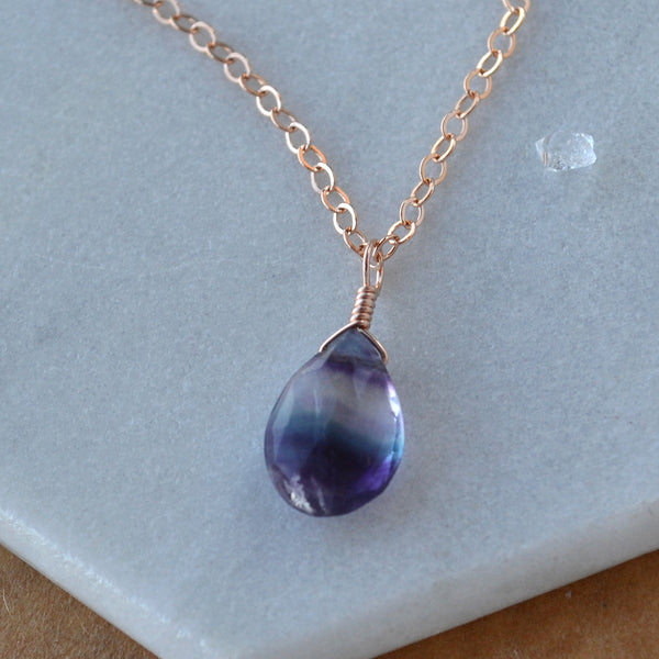 Aurora Necklace - banded teal purple fluorite gemstone solitaire necklace