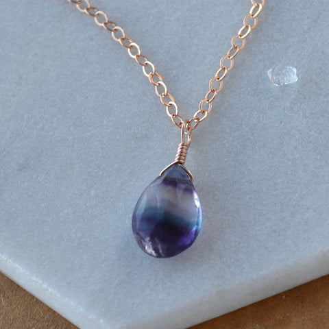 Aurora Necklace - banded teal purple fluorite gemstone solitaire necklace