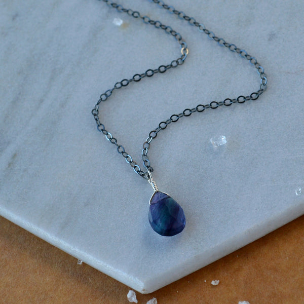 Aurora Necklace - banded teal purple fluorite gemstone solitaire necklace