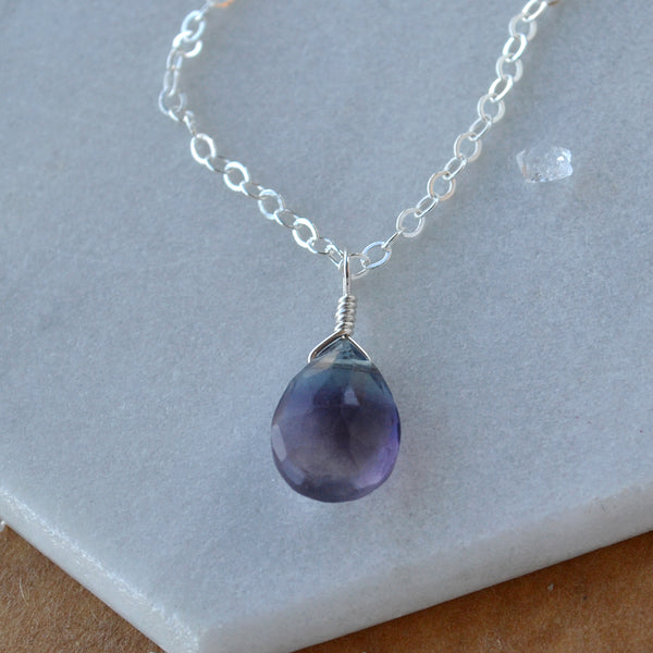 Aurora Necklace - banded teal purple fluorite gemstone solitaire necklace