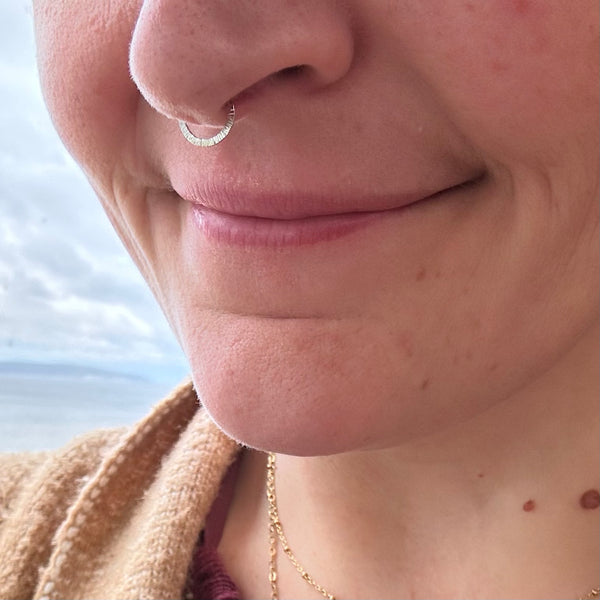 BEAM gold NOSE CUFF shiny septum cuff fake piercing delicate nose ring septum jewelry face jewelry facial jewelry made on Whidbey Island jewelry nickel free jewelry sustainable on model