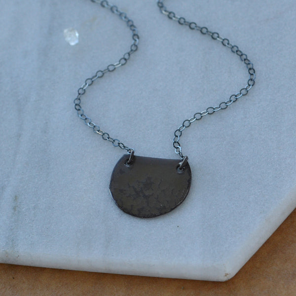 Barnacle Necklace semi circle pendant half moon hammered charm black oxidized sterling silver