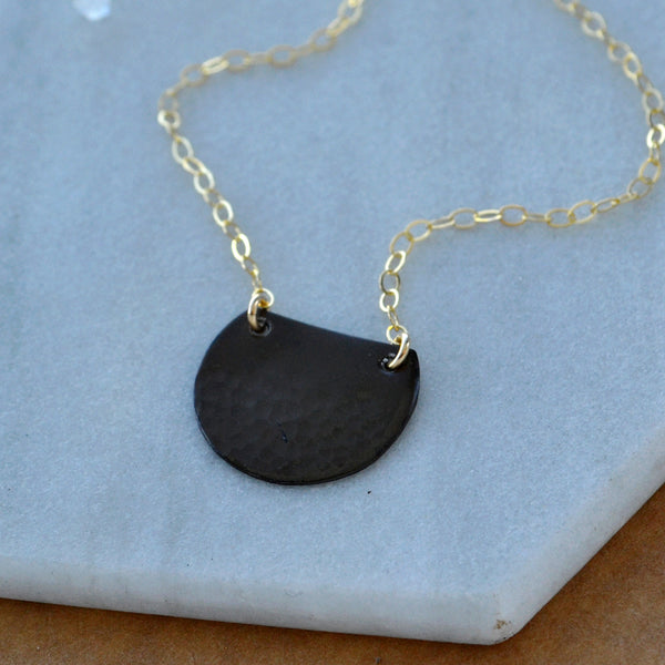 Barnacle Necklace semi circle pendant half moon hammered charm mixed metal black oxidized sterling silver gold filled