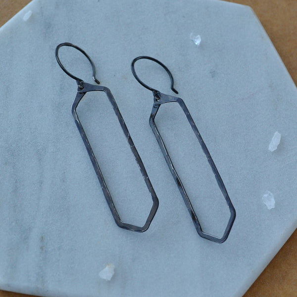 Boardwalk Earrings long hexagon silhouette dangle earrings handmade nickel free column ear rings black oxidized silver