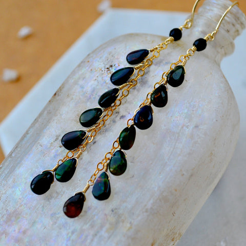 Bonfire Earrings with Black Opal long dangle earrings handmade gemstone jewelry black gem dangles sustainable jewelry
