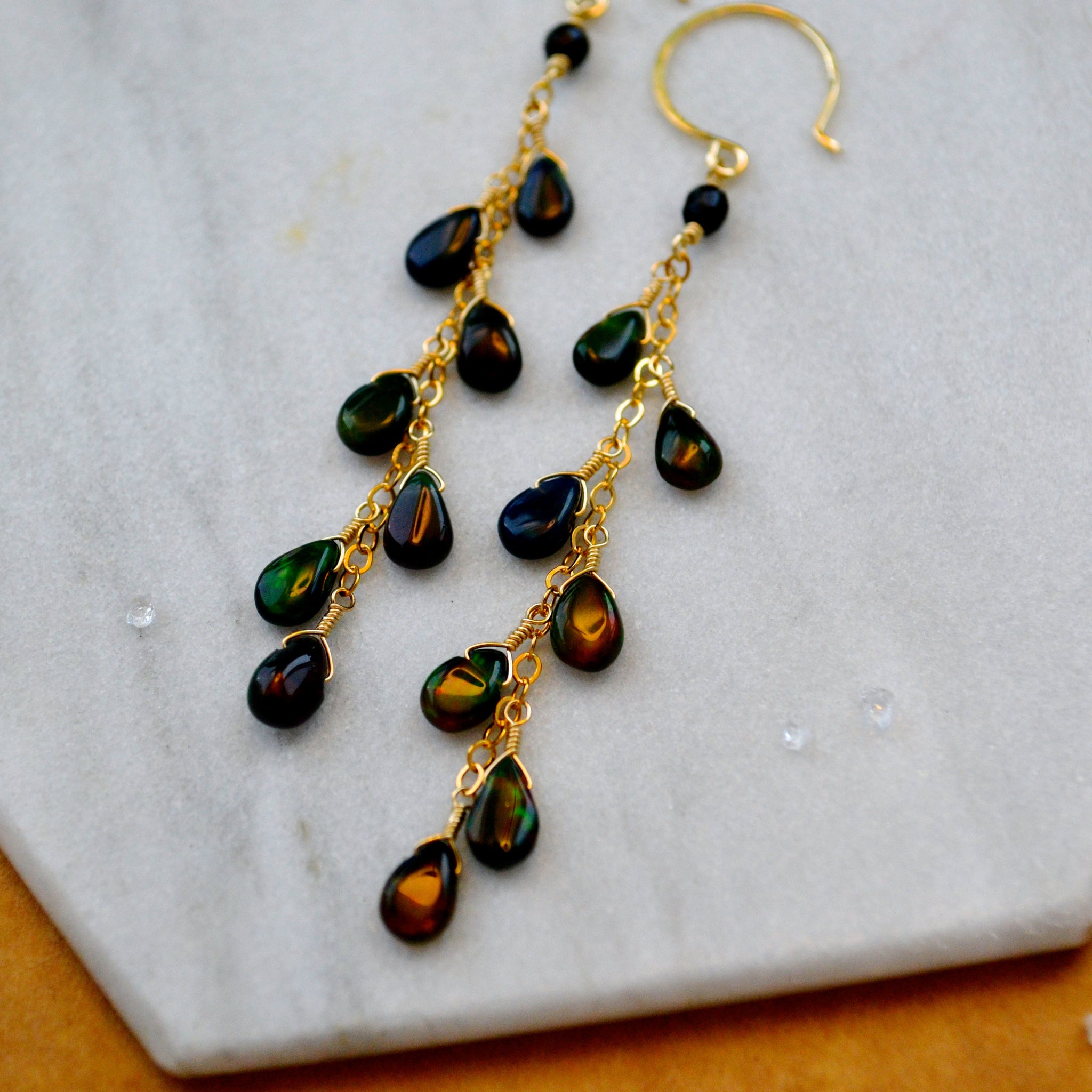 Bonfire Earrings with Black Opal long dangle earrings handmade gemstone jewelry black gem dangles sustainable jewelry detail