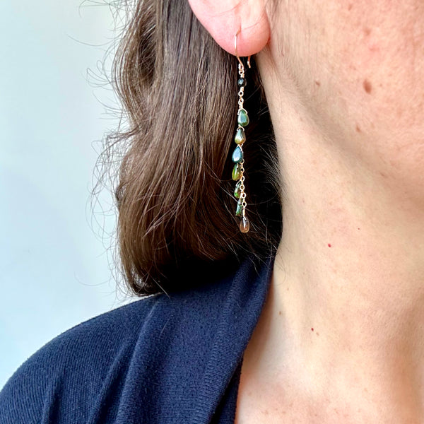 Bonfire Earrings black opal gemstone duster earrings long black ear ring handmade gemstone jewelry gold filled on model