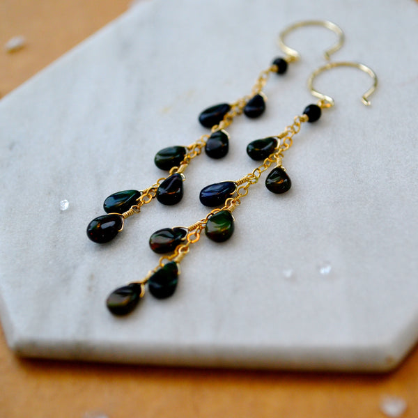 Bonfire Earrings with Black Opal long dangle earrings handmade gemstone jewelry black gem dangles sustainable jewelry gold