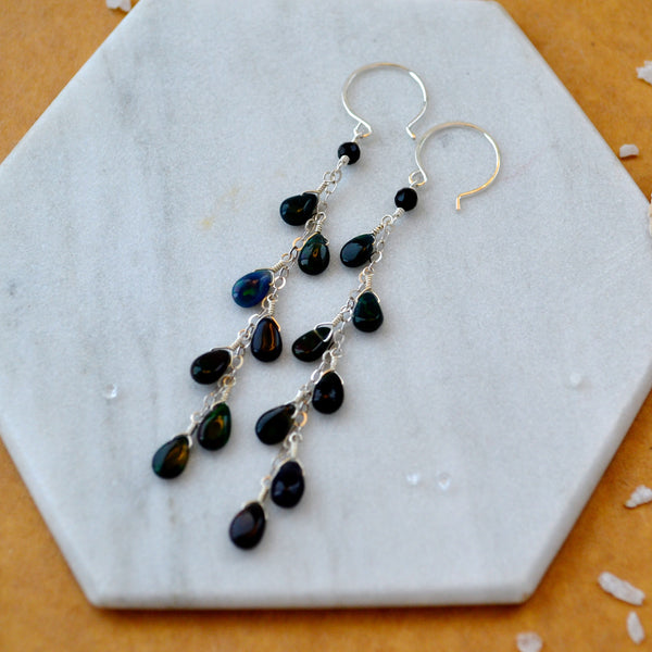 Bonfire Earrings with Black Opal long dangle earrings handmade gemstone jewelry black gem dangles sustainable jewelry silver black opal