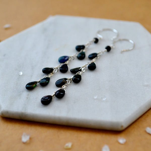 Bonfire Earrings with Black Opal long dangle earrings handmade gemstone jewelry black gem dangles sustainable jewelry silver side