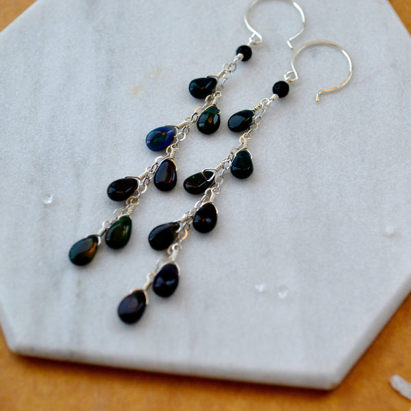 Bonfire Earrings with Black Opal long dangle earrings handmade gemstone jewelry black gem dangles sustainable jewelry silver