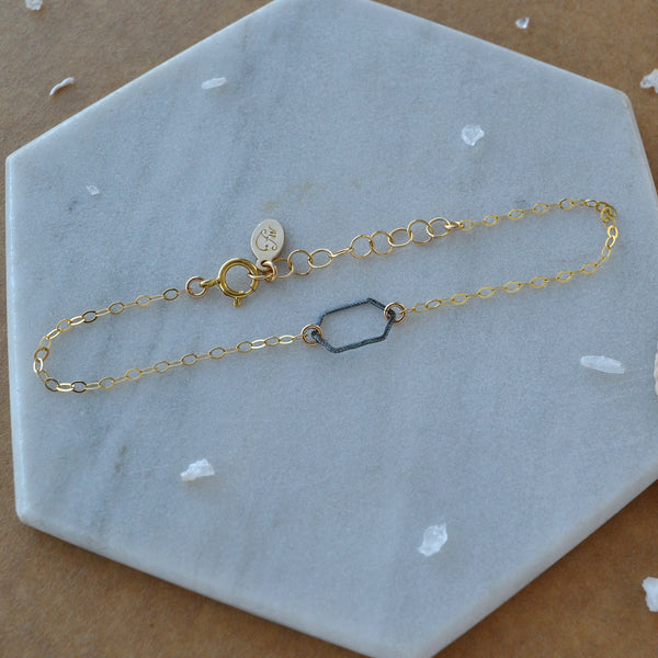Buoy Bracelet small hexagon charm jewelry handmade bracelets dainty charm bracelet nickel free sustainable jewelry mixed metal black oxidized silver gold filled