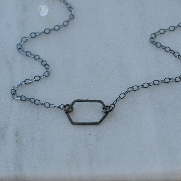Buoy Necklace small hexagon pendant hammered charm black oxidized sterling silver