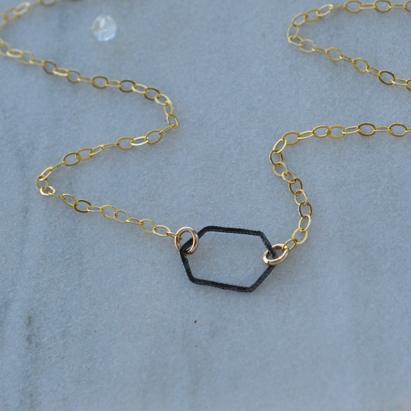 Buoy Necklace small hexagon pendant hammered charm mixed metal black oxidized sterling silver gold filled