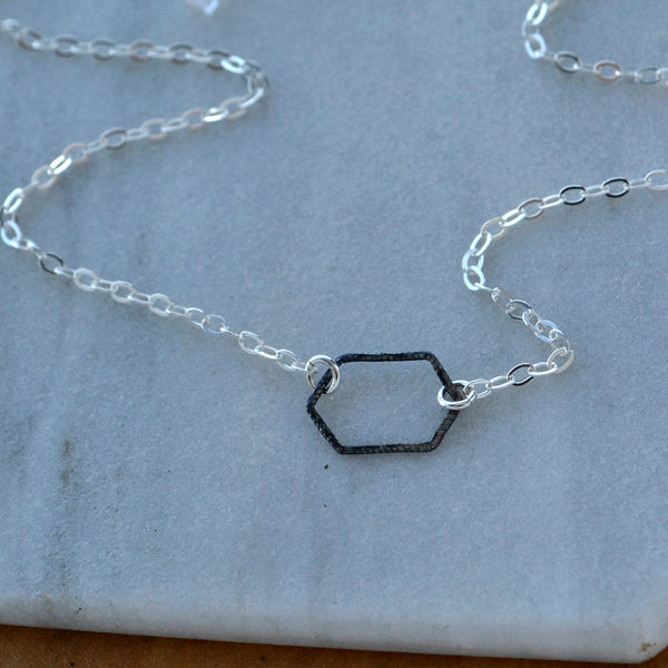 Buoy Necklace small hexagon pendant hammered charm mixed metal black oxidized sterling silver