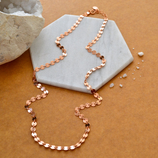 COIN CUSTOM CHAIN NECKLACE rose gold coin chain bracelet dainty neck chains waterproof jewelry water resistant necklaces handmade on whidbey nickel free necklace sustainable