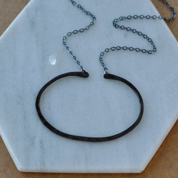 canoe Necklace oval pendant hammered charm ring keeper necklaces black oxidized sterling silver