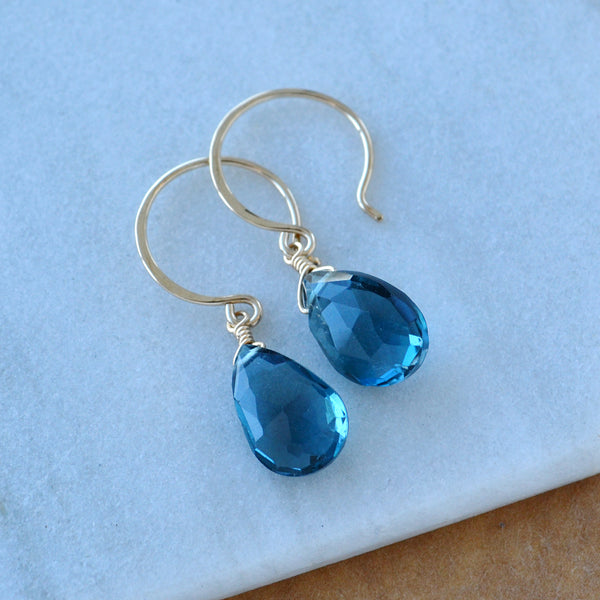 Depths Earrings London Blue Topaz gemstone drop earrings 14K Gold solid gold gem earring handmade fine jewelry 14K Yellow Gold