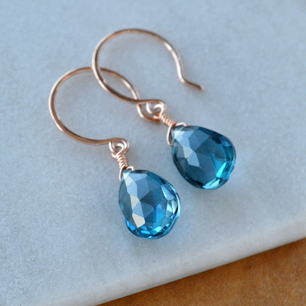 Depths Earrings London Blue Topaz gemstone drop earrings 14K Gold solid gold gem earring handmade fine jewelry 14K Rose Gold