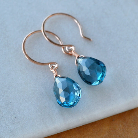 Depths Earrings London Blue Topaz gemstone drop earrings 14K Gold solid gold gem earring handmade fine jewelry 14K Rose Gold