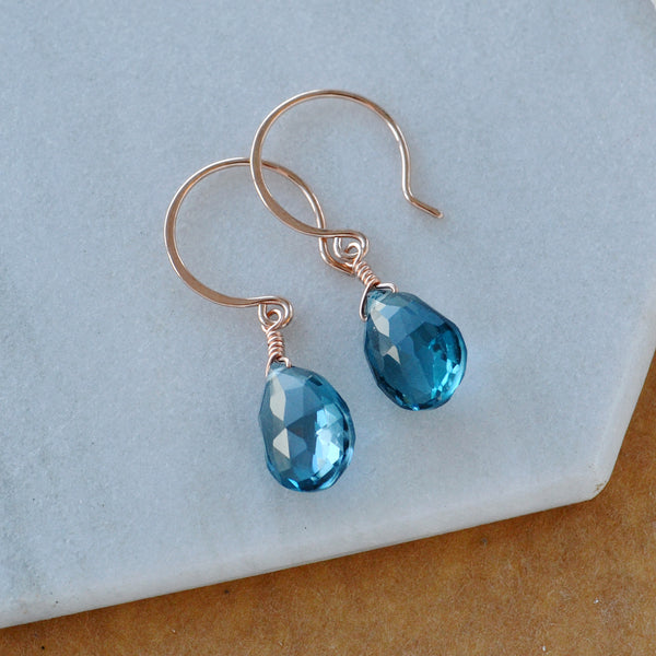 Depths Earrings London Blue Topaz gemstone drop earrings 14K Gold solid gold gem earring handmade fine jewelry 14K Rose Gold