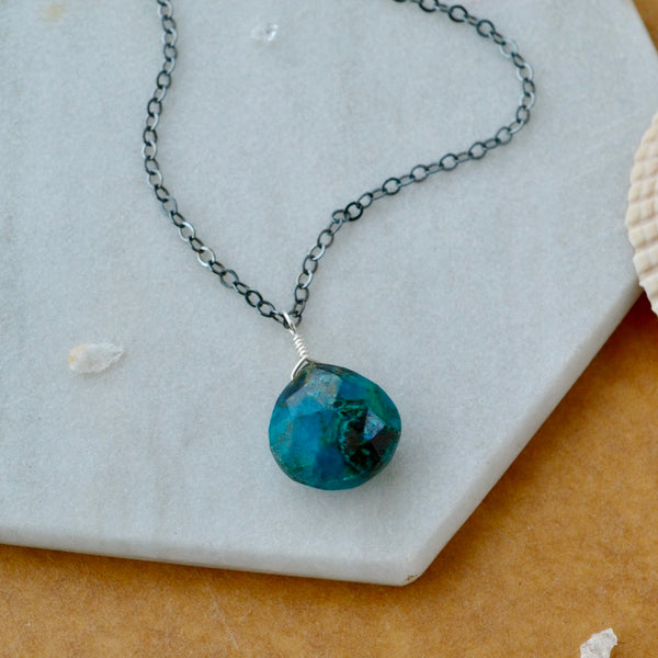 Reef Necklace - banded blue green chrysocolla gemstone solitaire necklace