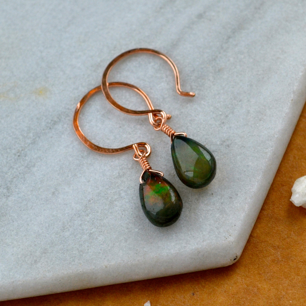 Ember earrings black opal earrings black gemstone drop earrings handmade black opal small ear rings rose gold filled sustainable jewelry