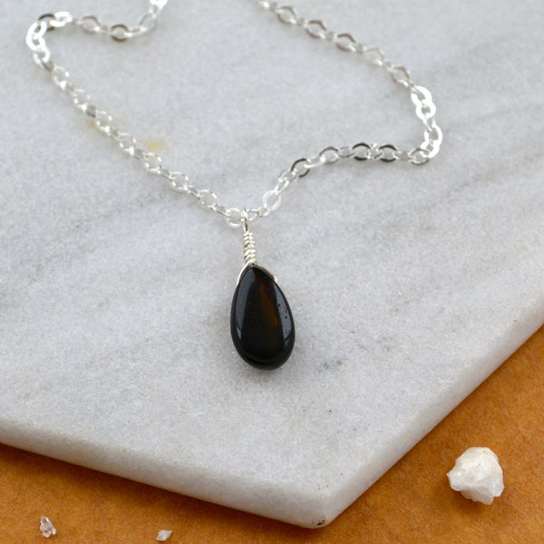 Ember necklace black opal gemstone necklace handmade gem pendant black stone necklace simple gem charm black opal silver necklace sustainable jewelry