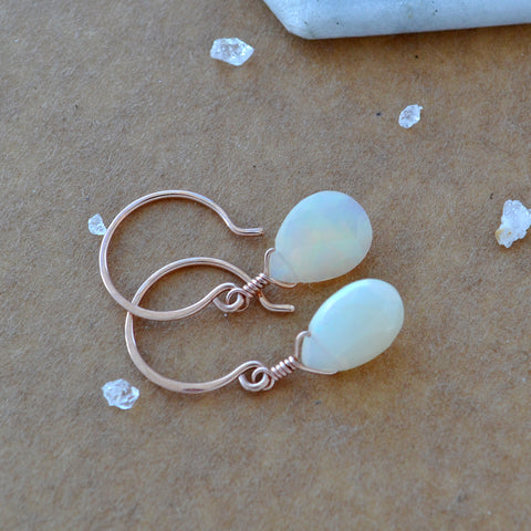 Fire Within Earrings with White Opals in 14K Rose Gold handmade opal earring sustainable jewelry