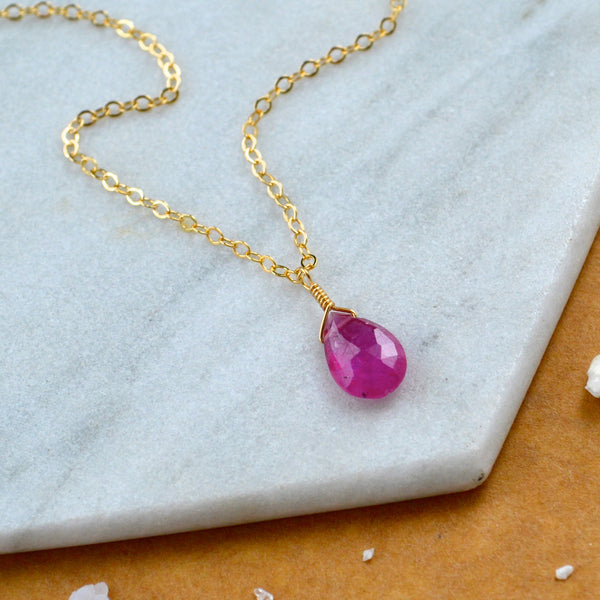 Hibiscus necklace pink sapphire gemstone necklace handmade gem pendant pink stone necklace simple gem charm pink sapphire gold necklace sustainable jewelry