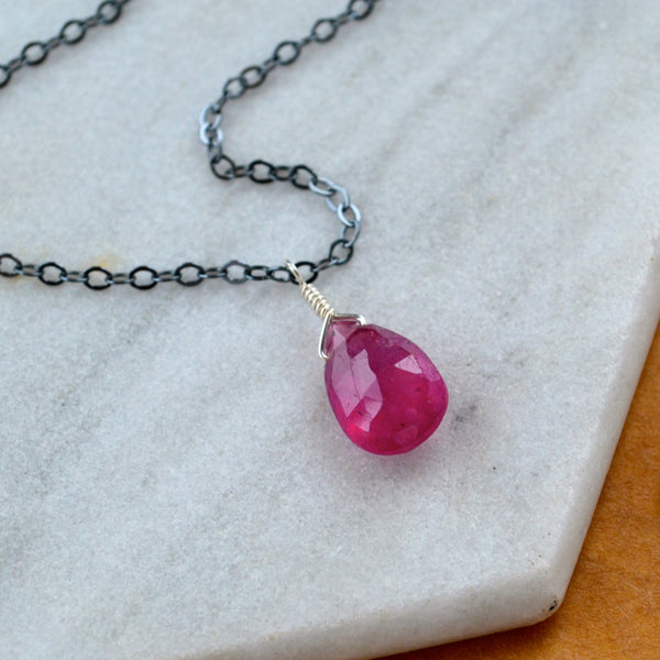 Hibiscus necklace pink sapphire gemstone necklace handmade gem pendant pink stone necklace simple gem charm pink sapphire black oxidized silver necklace sustainable jewelry