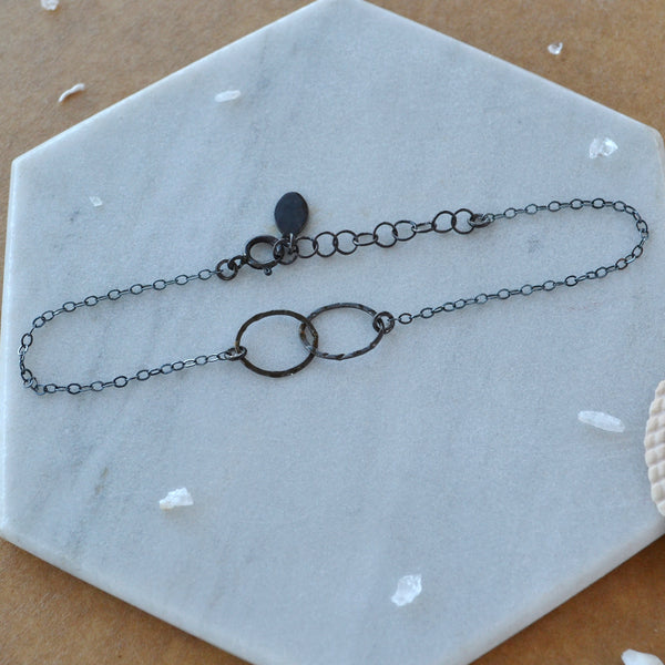 Infinity Bracelet two circle linked charm bracelets black metal Oxidized Silver nickel free custom sizes plus size jewelry