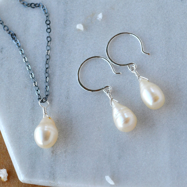 Ivory Earrings pearl earrings simple white pearls wedding earring handmade matching set gemstone solitaire pendant