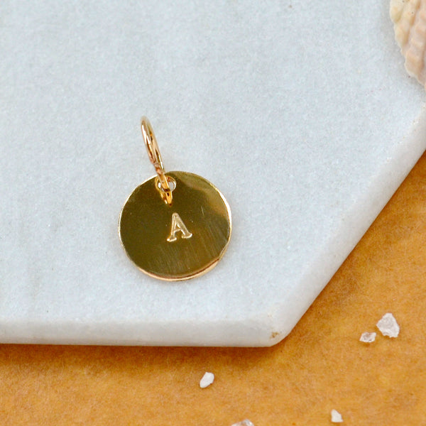 LETTER CHARM, capital A intitial charms, handmade alphabet circle charm, gold-filled A letter pendant, simple jewelry, delicate handmade charms, made on Whidbey Island jewelry, nickel-free