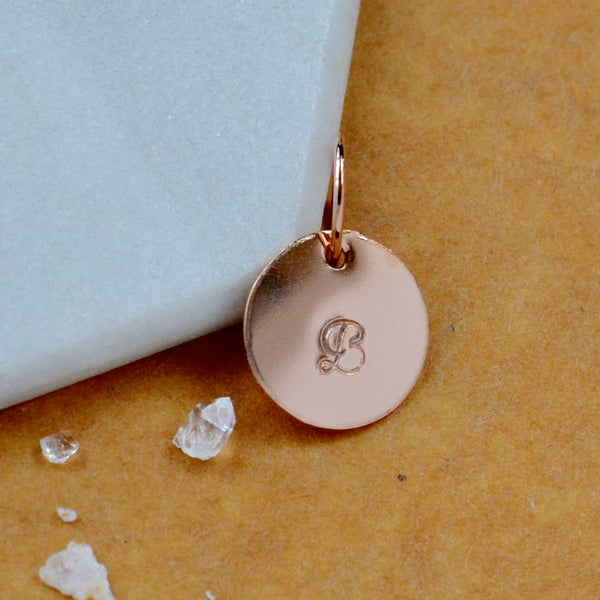 LETTER CHARM, capital B initial charms, handmade alphabet circle charm, cursive B letter pendant, simple jewelry, delicate handmade rose gold charm jewelry, nickel-free charms, script
