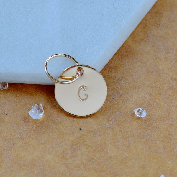 LETTER CHARM, capital C initial charms, handmade alphabet circle charm, cursive C letter pendant, simple jewelry, delicate handmade charm jewelry, nickel-free charms, gold