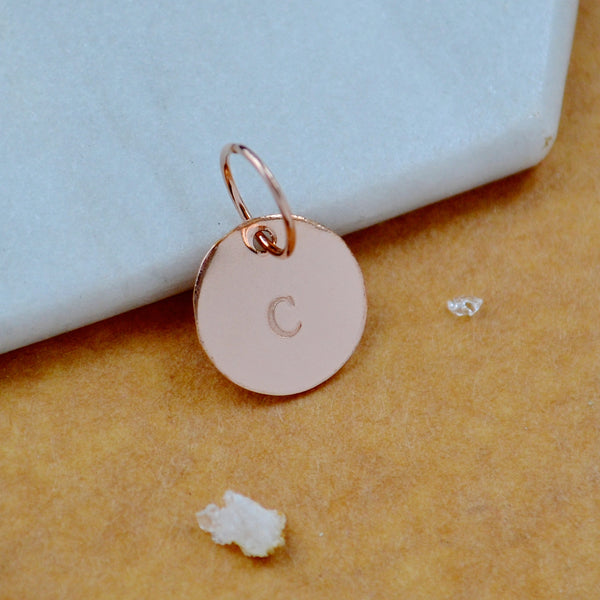 LETTER CHARM, capital C initial charms, handmade alphabet circle charm, C letter pendant, simple jewelry, delicate handmade charms, nickel-free rose gold