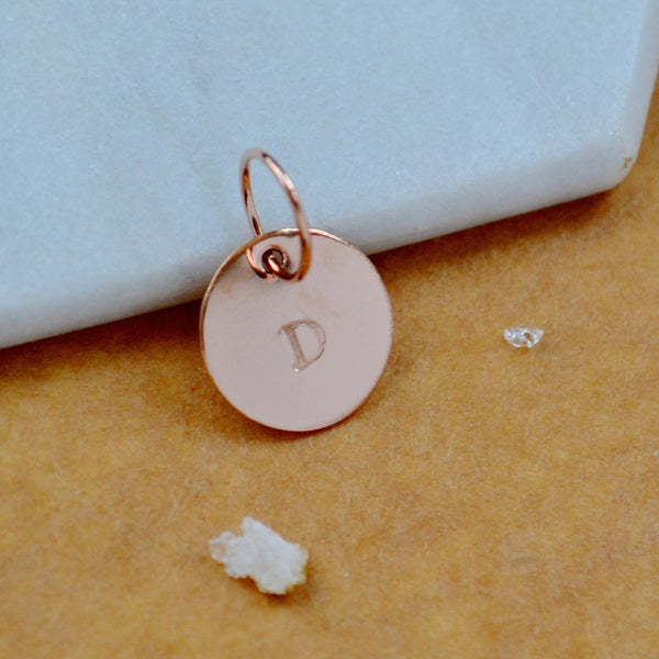 LETTER CHARM, capital D initial charms, handmade alphabet circle charm, D letter pendant, simple jewelry, delicate handmade charms, nickel-free jewelry, rose gold