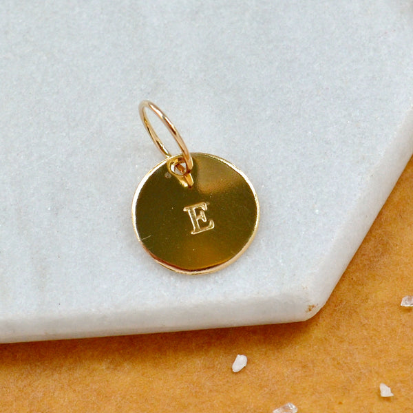 LETTER CHARM, capital E initial charms, handmade alphabet circle charm, E letter pendant, simple jewelry, delicate handmade charms, nickel-free gold