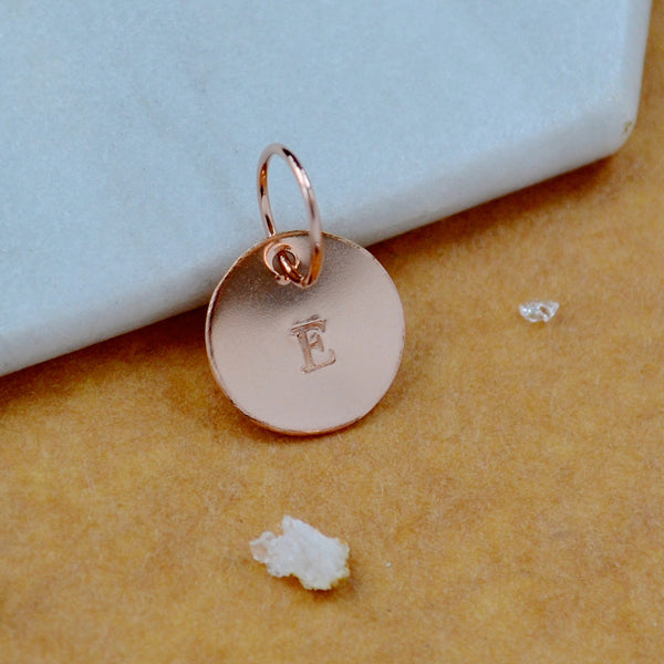 LETTER CHARM, capital E initial charms, handmade alphabet circle charm, E letter pendant, simple jewelry, delicate handmade charms, nickel-free rose gold