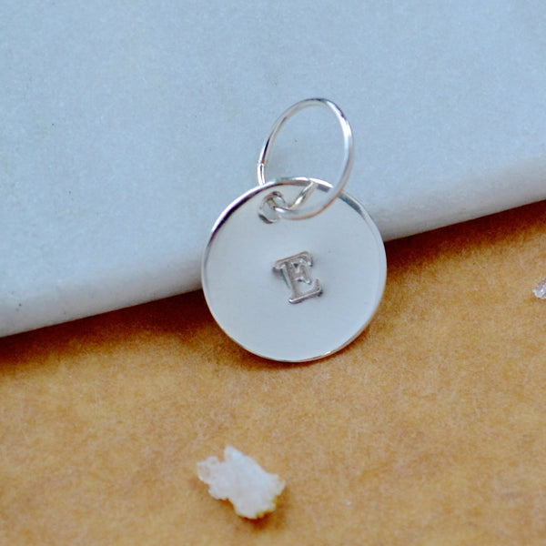 LETTER CHARM, capital E initial charms, handmade alphabet circle charm, E letter pendant, simple jewelry, delicate handmade charms, nickel-free silver