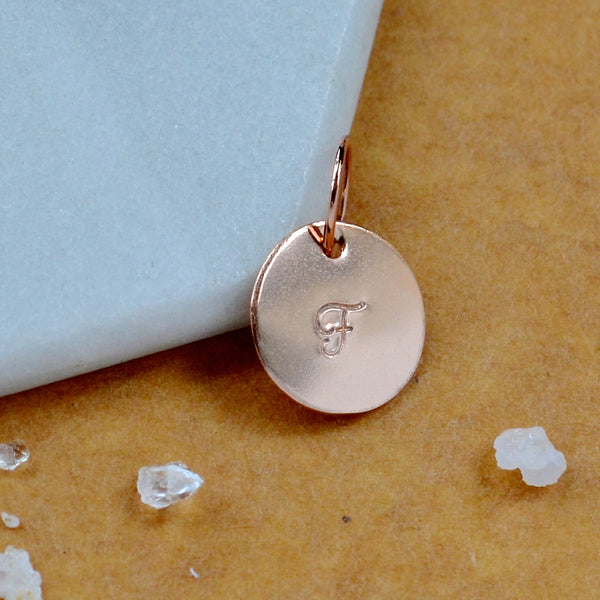 LETTER CHARM, capital F initial charms, handmade alphabet circle charm, cursive F letter pendant, simple jewelry, delicate handmade charm jewelry, nickel-free charms, rose gold letter charm