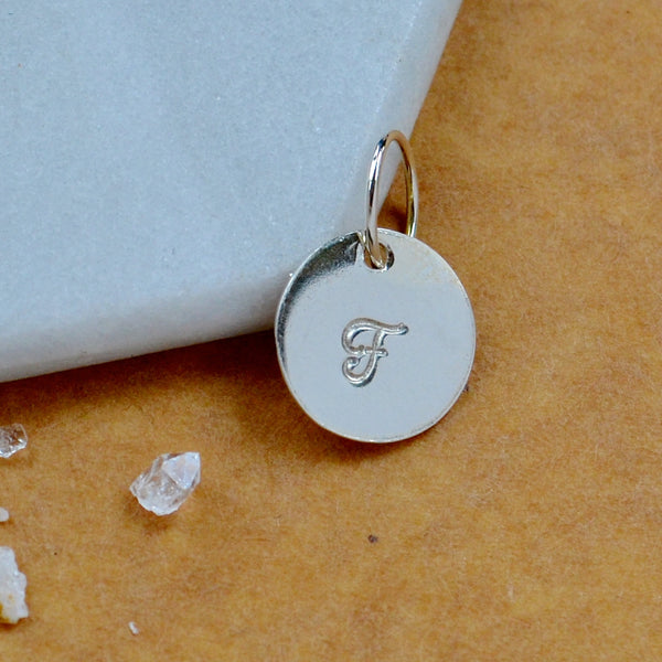 LETTER CHARM, capital F initial charms, handmade alphabet circle charm, cursive F letter pendant, simple jewelry, delicate handmade charm jewelry, nickel-free charms, silver letter charm