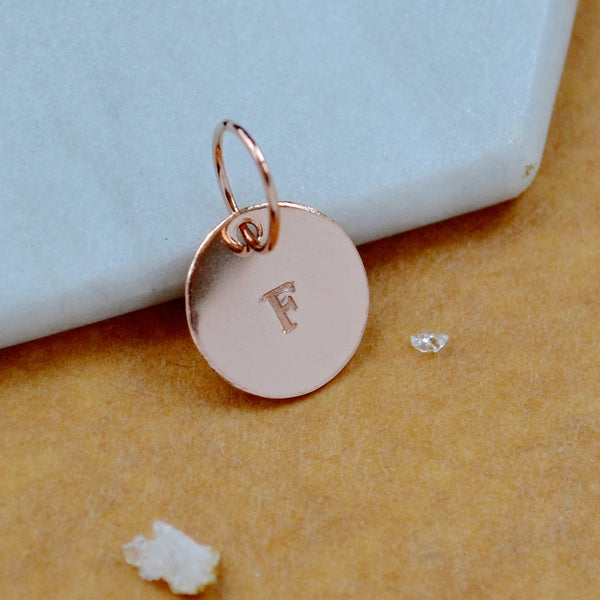 LETTER CHARM, capital F initial charms, handmade alphabet circle charm, F letter pendant, simple jewelry, delicate handmade charms, nickel-free jewelry, rose gold letter charm