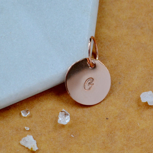 LETTER CHARM, capital G initial charms, handmade alphabet circle charm, cursive G letter pendant, simple jewelry, delicate handmade charm jewelry, nickel-free charms, rose gold letter charm