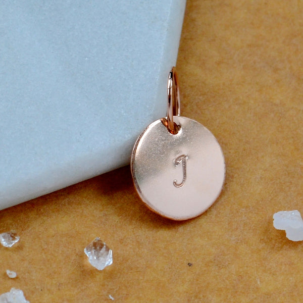 LETTER CHARM, capital I initial charms, handmade alphabet circle charm, cursive I letter pendant, simple jewelry, delicate handmade charm jewelry, nickel-free charms, rose gold letter charm