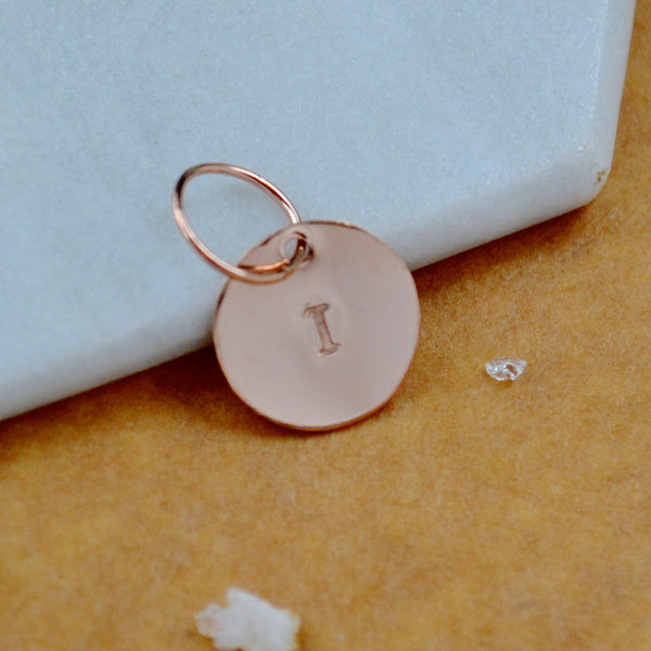 LETTER CHARM, capital I initial charms, handmade alphabet circle charm, I letter pendant, simple jewelry, delicate handmade charms, nickel-free jewelry, rose gold letter charm